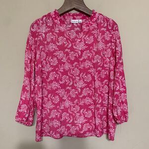 Kim Rogers Pink Floral V-Neck Shirt Blouse Size Large